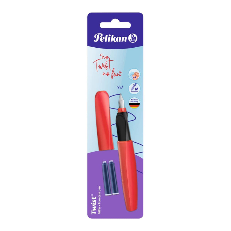 Pelikan Twist Fountain Pen with 2 Ink Cartridges, Medium Nib, Fury Red, Blister Card (814805)