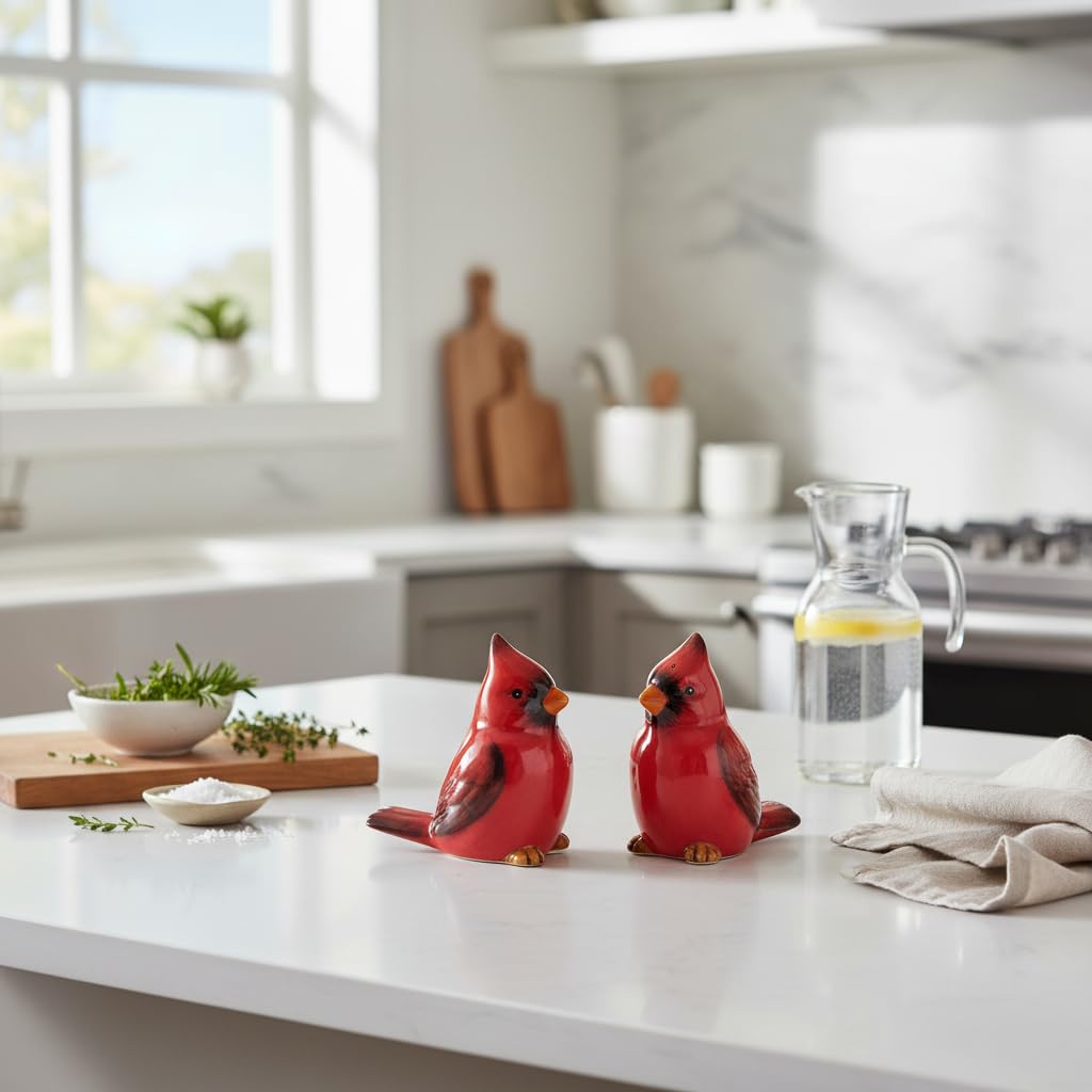 Comfy Hour Farmhouse Home Decor Collection 2.4" Two Red Feather Cardinals Salt and Pepper Bottle Dolomite Figurine, Set of 2, Red