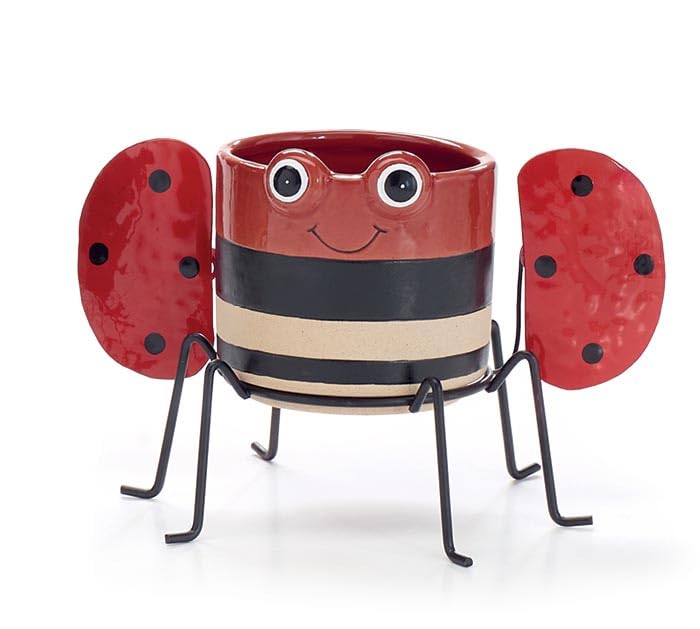 burton+BURTON Ladybug on Metal Stand Planter, 4-inch Diameter, Garden Decoration