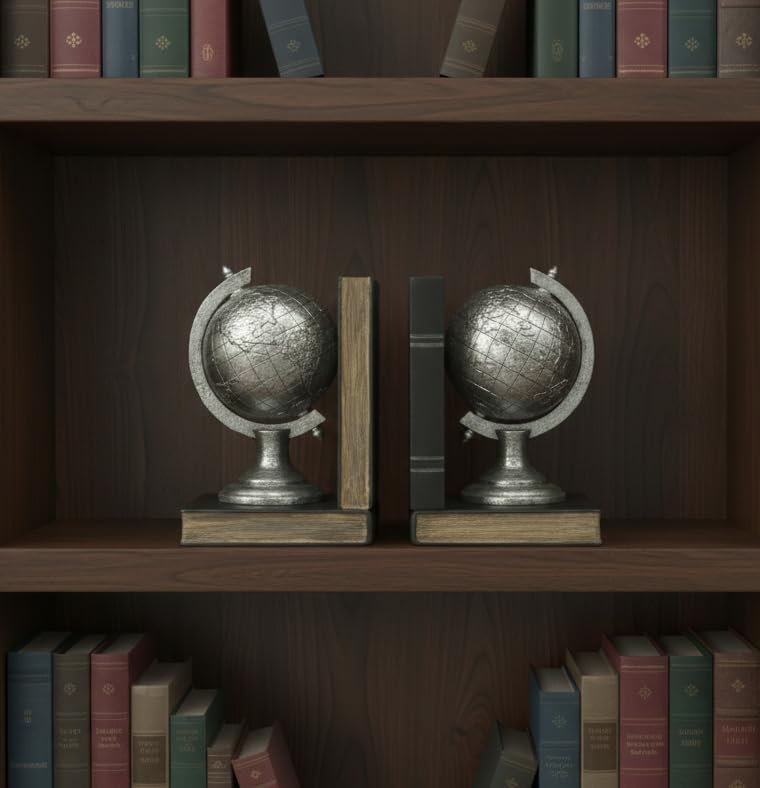 Comfy Hour Farmhouse Home Decor Collection 5" Length 7" Height Set 2 Tellurion Bookends Art Bookend, 1 Pair, Antique Style, Solid Heavy Weight, Silvery, Polyresin