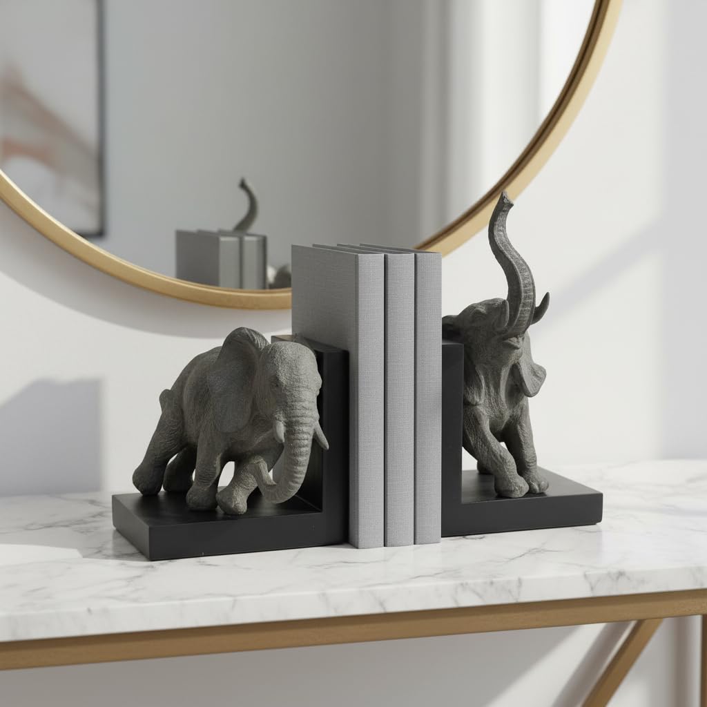 Comfy Hour Our Cute Elephant Friends Collection 12" Length 10" Height Set 2 Elephants Bookends Art Bookend, 1 Pair, Gray and Black, Polyresin