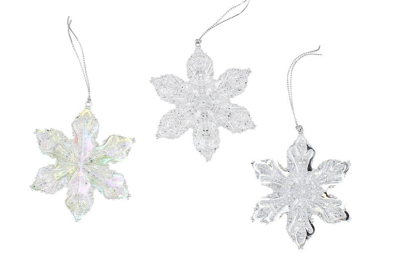 Clear and Silver Snowflake Ornaments, 3 Assorted