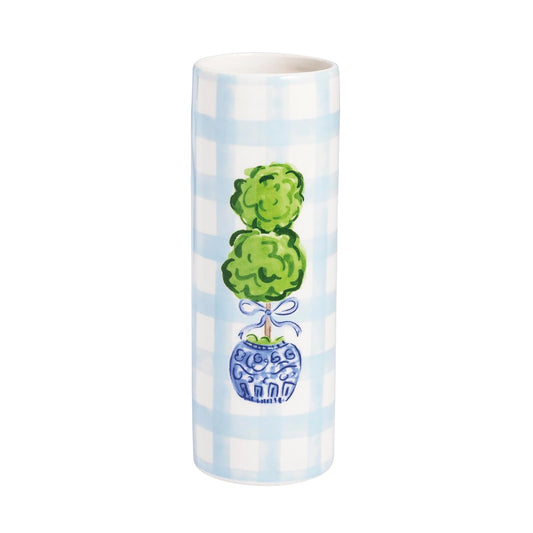 Mud Pie Vase, 6 1/2" x 2 1/4"dia, Green Gingham
