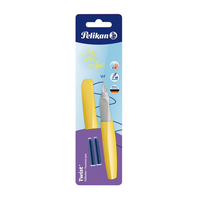 Pelikan Twist Fountain Pen with 2 Ink Cartridges, Medium Nib, Bright Sunshine, Blister Card (820219)