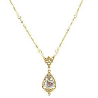 1928 Jewelry 14K Gold Dipped Lilac Blue Porcelain Rose with Crystal Accent Necklace 17
