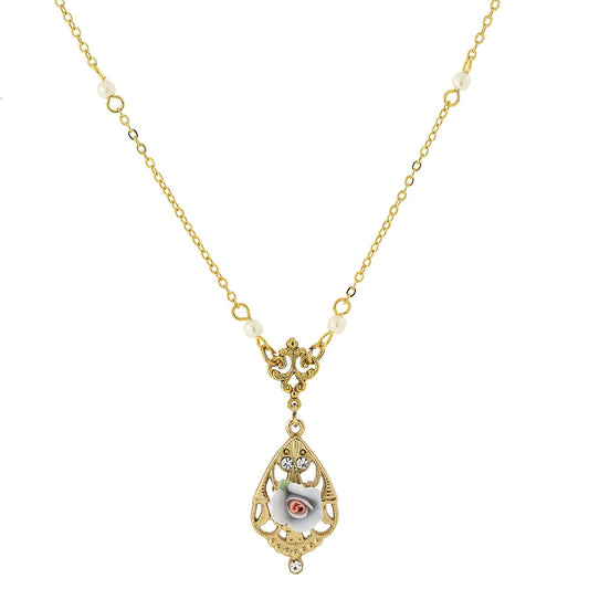 1928 Jewelry 14K Gold Dipped Lilac Blue Porcelain Rose with Crystal Accent Necklace 17