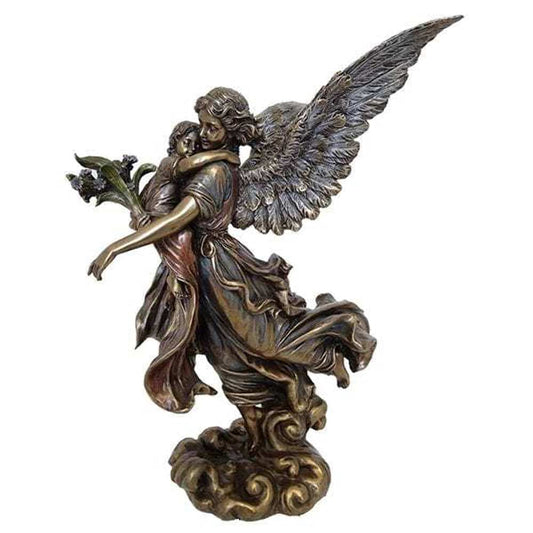 Unicorn Studios WU73501A4 Bronze Guardian Angel Holding a Child & a Flower Sculpture