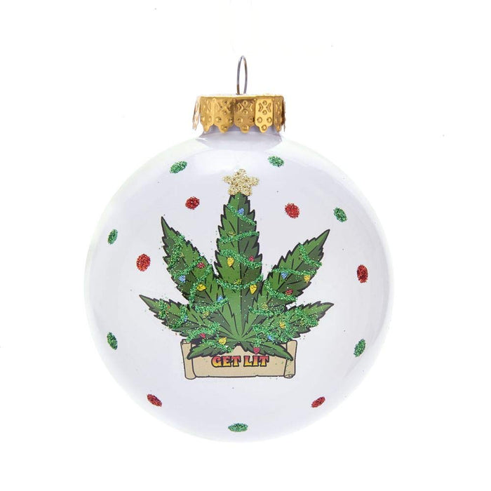 Kurt Adler 80-millimeters White with Cannabis Design Glass Ball Ornament