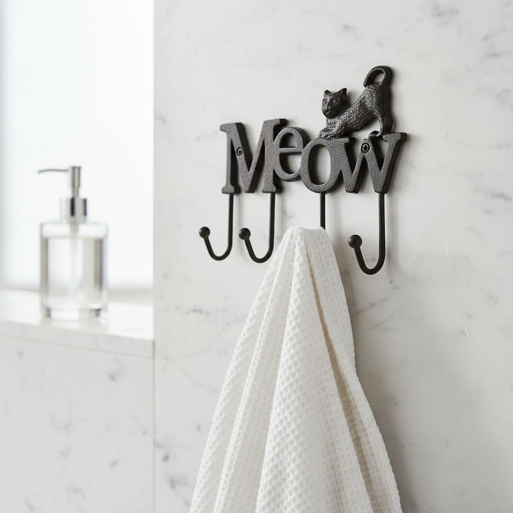 Comfy Hour 6" Cast Iron Cat Meow Four Key Hooks Key Chain Wall Hanger