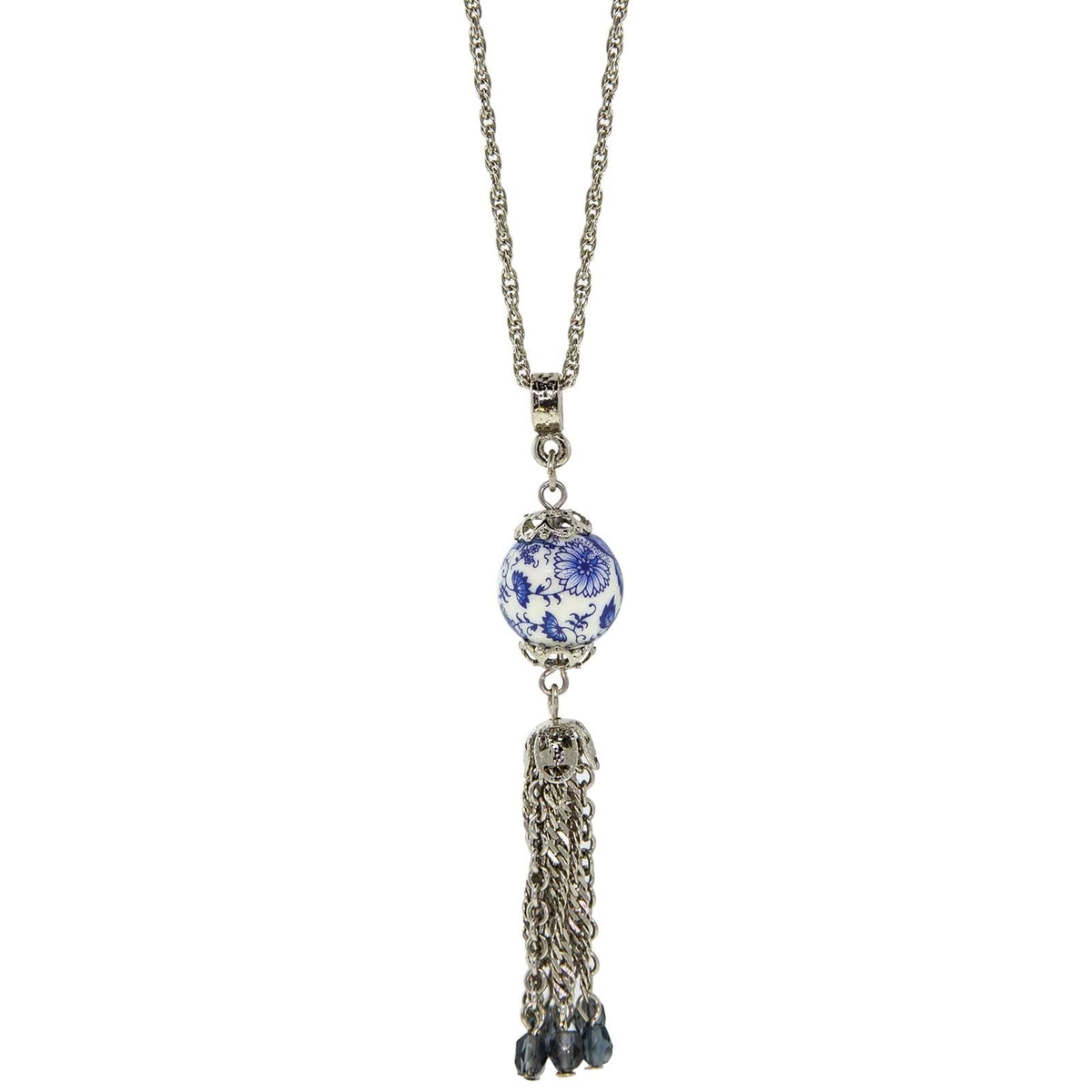 1928 Jewelry Round Blue Willow Bead With Tassel Drop Necklace 16" + 3" Extender