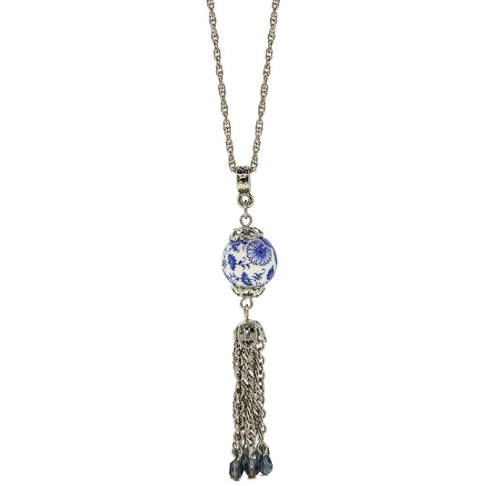 1928 Jewelry Round Blue Willow Bead With Tassel Drop Necklace 16" + 3" Extender