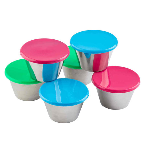Tablecraft 5 oz Round Stainless Steel Ramekins, Pack of 6 with Assorted Color Lids