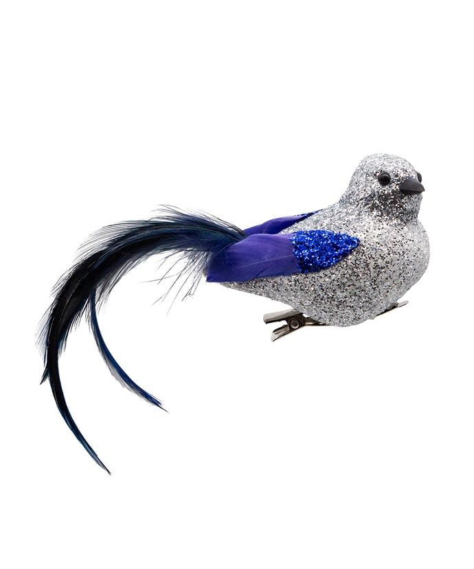Blue and Silver Glittered Bird Clip-On Ornament