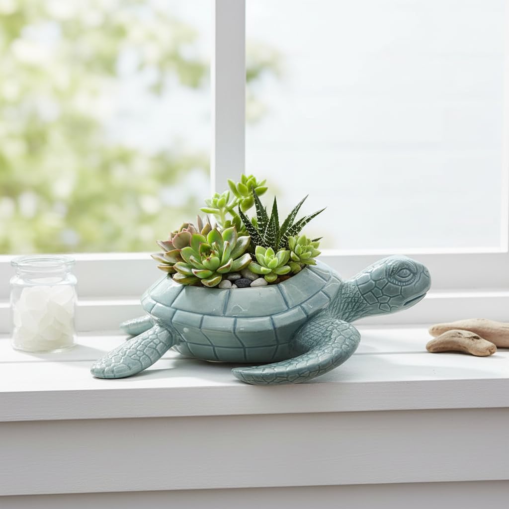Comfy Hour Farmhouse Home Decor Collection 9" Turtle Succulent Planter Flower Bud Pot Mini Decorative Vase, Blue, Dolomite