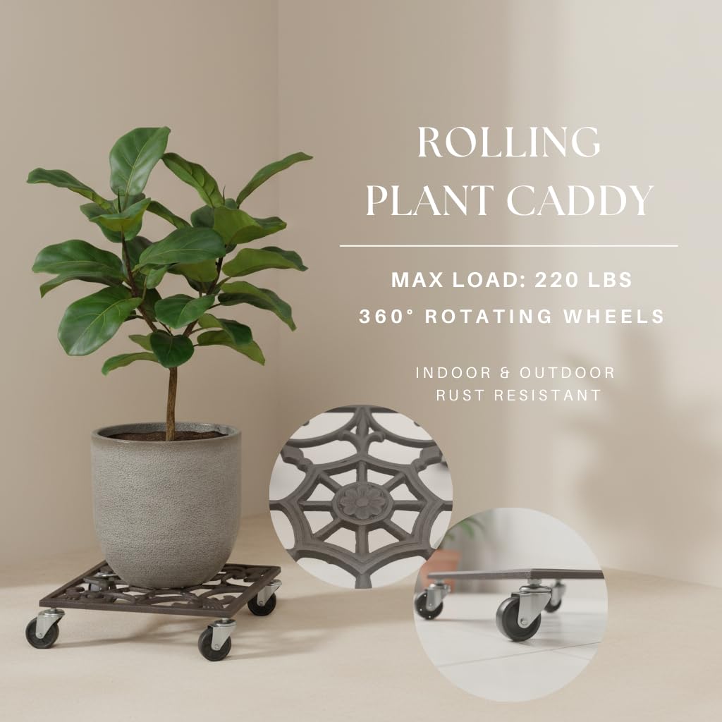 Comfy Hour Rustic Style Outdoor Collection Cast Iron Garden Plant Trolley Flowerpot Holder, with Heavy Duty Super Strong Industrial Strength Iron Wheels