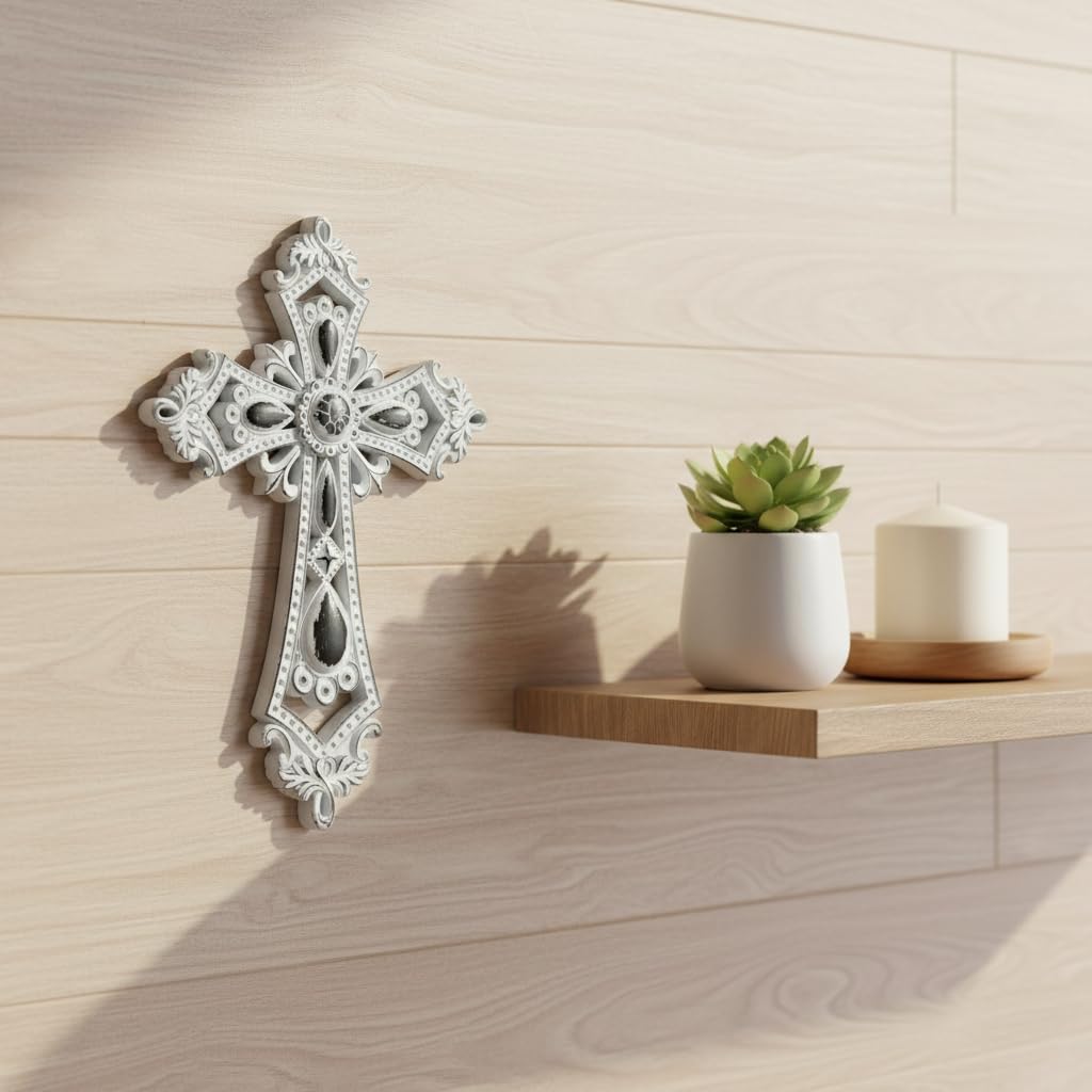 Comfy Hour 13.8 Inch Cross Wall Decor, Rustic White Wall Cross