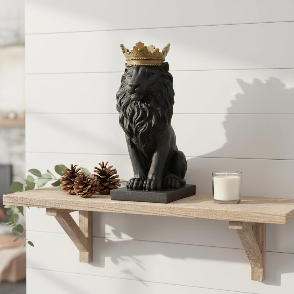 Comfy Hour Farmhouse Home Decor Collection 15" Resin Stone Lion Figurine King of Forest Statue Sculpture Home Decoration, Black & Gold