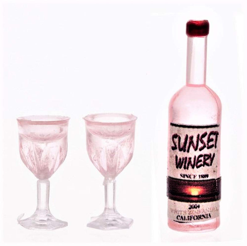 Dollhouse Miniature Rosé Wine &amp; 2 Filled Glasses