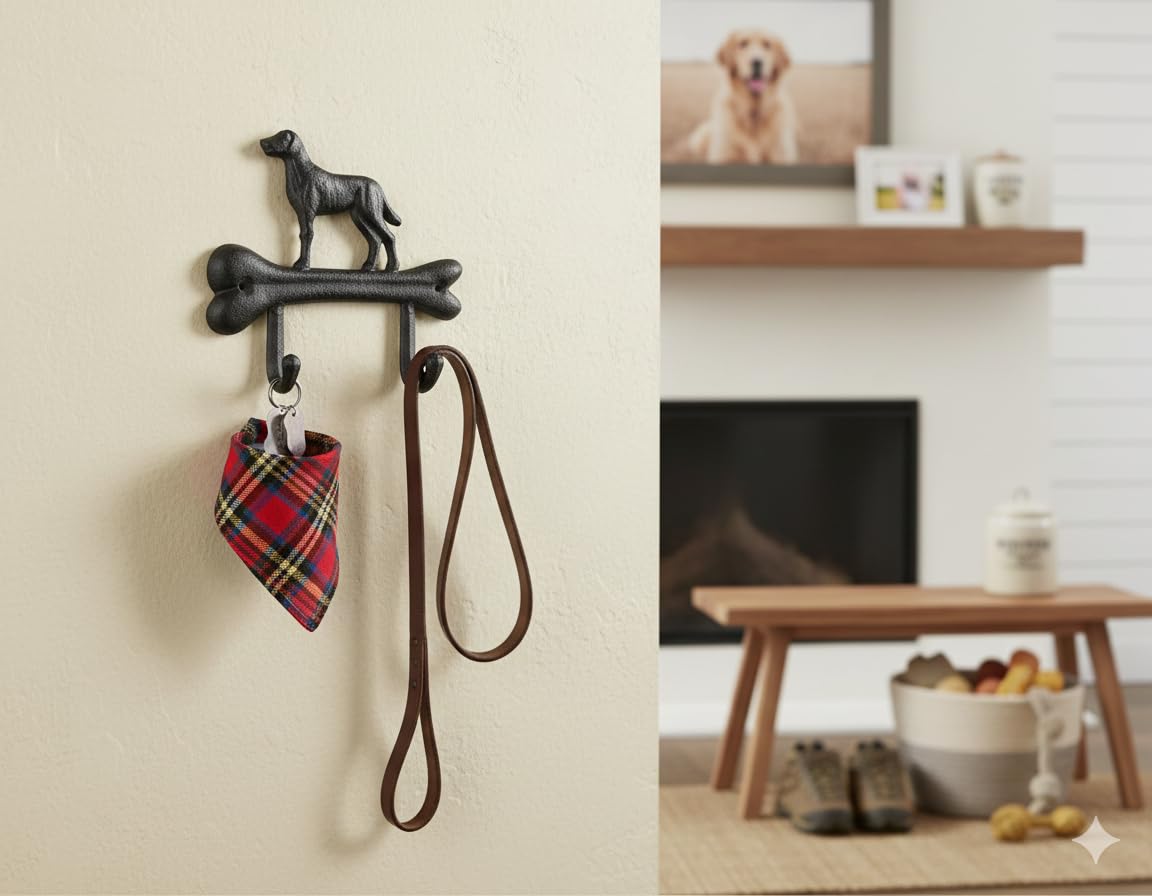 Comfy Hour Cast Iron Dog On Bone Double Key Coat Hooks Clothes Rack Wall Hanger, Heavy Duty Recycled