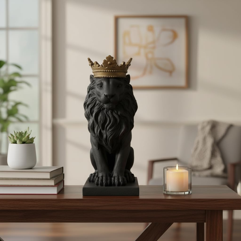 Comfy Hour Farmhouse Home Decor Collection 15" Resin Stone Lion Figurine King of Forest Statue Sculpture Home Decoration, Black & Gold