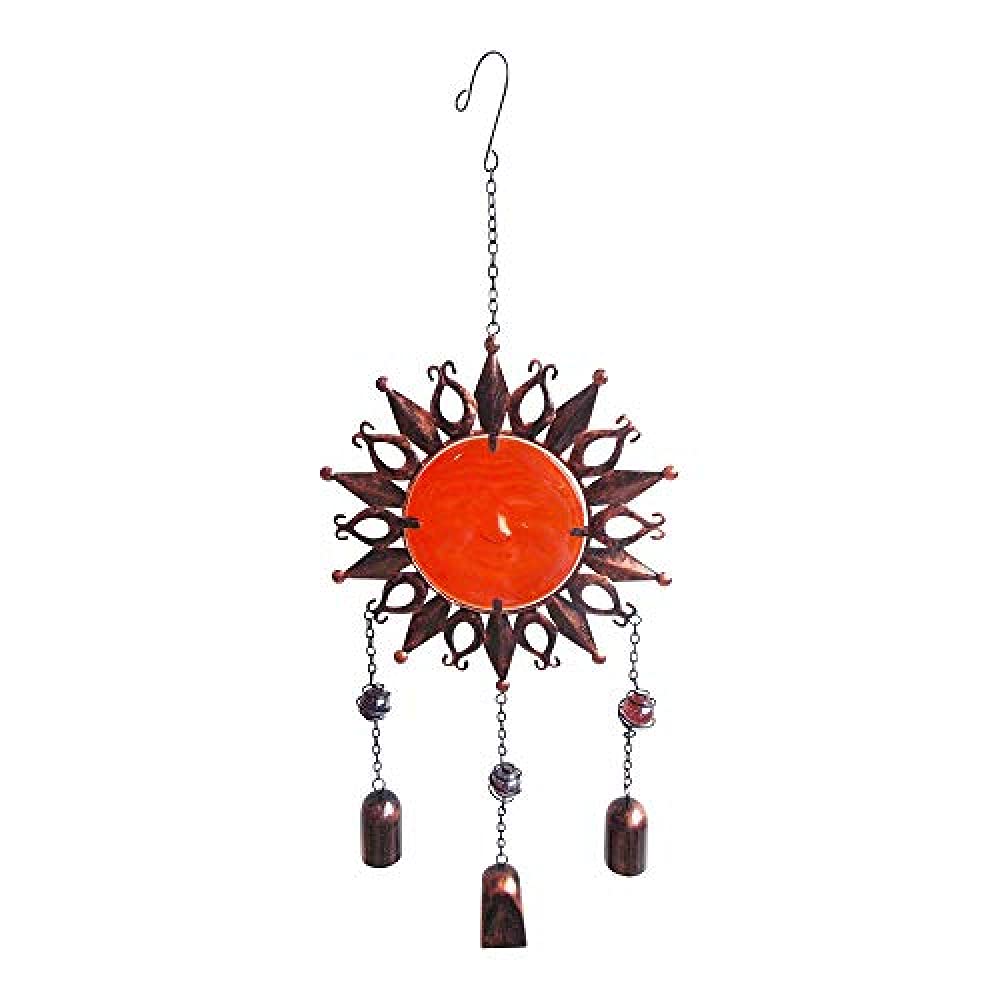 Comfy Hour Sun Moon Face Engraved Collection 23" Red Brown Copper Metal Art Sunface Hanging Wind Chime for Home and Garden