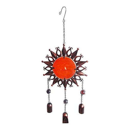 Comfy Hour Sun Moon Face Engraved Collection 23" Red Brown Copper Metal Art Sunface Hanging Wind Chime for Home and Garden