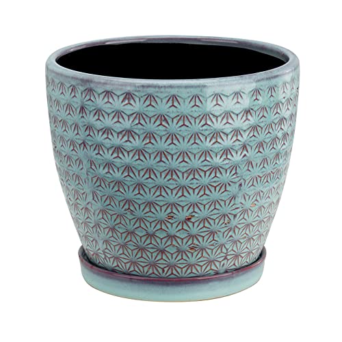 Napco Prism Embossed Ceramic Pot with Blue-Grey Glaze for Indoor Plants Planter with Saucer, 8x8, Mint Green and Fuchsia