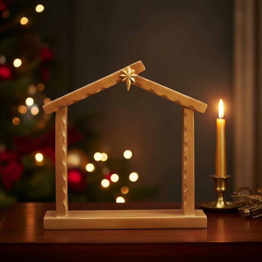 Comfy Hour 9.1 Inch Manger Nativity Stable, Gold Star Creche, 1 Unit
