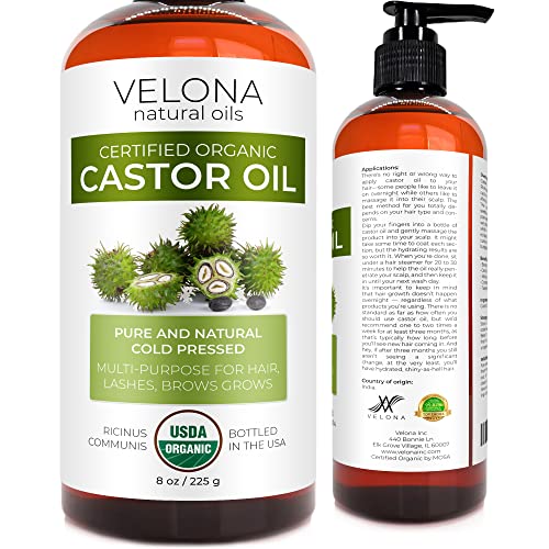 velona USDA Certified Organic Castor Oil - 8 oz | For Hair, Boost Eyelashes, Eyebrows | Cold pressed, Natural Oil, USP Grade | Hexane Free, Lash Serum, Caster…