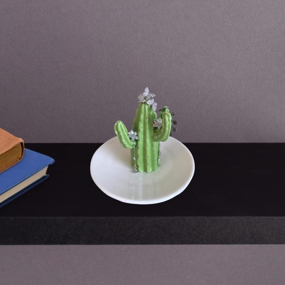 Comfy Hour Farmhouse Home Decor Collection 4" Porcelain Table Decorative Cactus Jewelry Holder, Jewelry Tray, Green & White