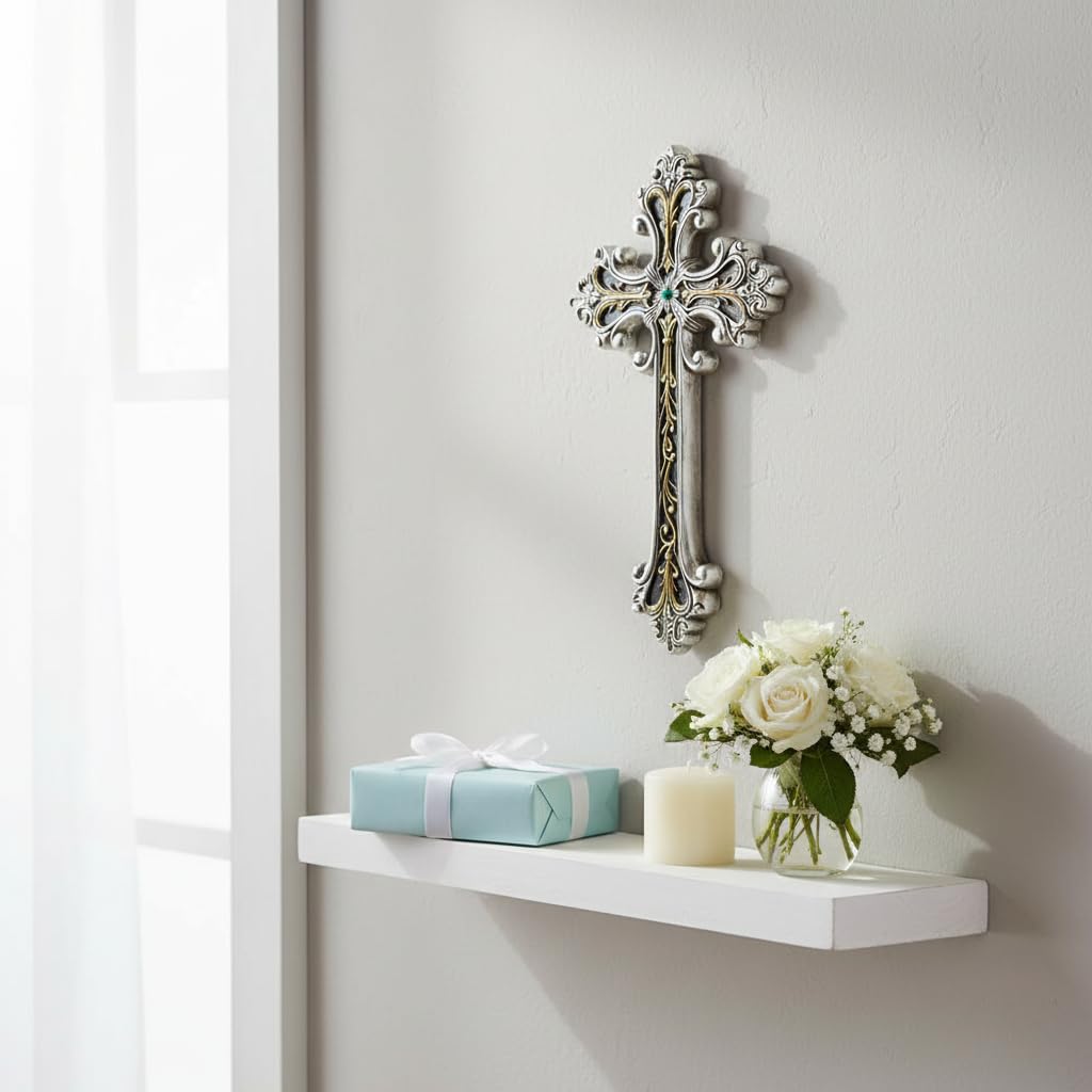 Comfy Hour Wall Art, 7.1"L x 1"W, Antique Silver and Gold with Turquoise-Colored
