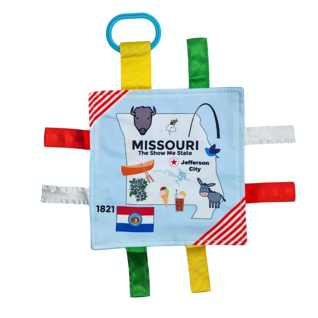 Baby Jack & Co 8x8” Learning Lovey Missouri State Tag Stroller Toy for Babies - Crinkle Toys for Developing Five Senses - Learn About Capitals - Travel with Baby Jack - BPA Free Clip
