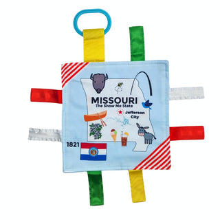 Baby Jack & Co 8x8” Learning Lovey Missouri State Tag Stroller Toy for Babies - Crinkle Toys for Developing Five Senses - Learn About Capitals - Travel with Baby Jack - BPA Free Clip