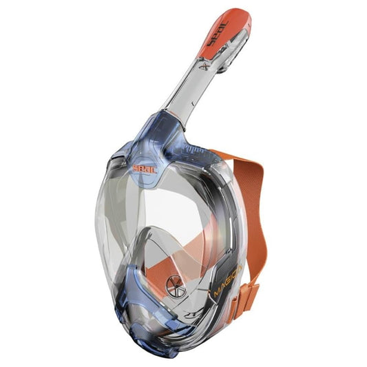 SEAC Magica, Full Face Antifog Snorkelling Mask with Soft Facial Skirt in 2 Sizes, Exhalation Valve and Dry Snorkel Top, Blue/Orange, Small/Medium