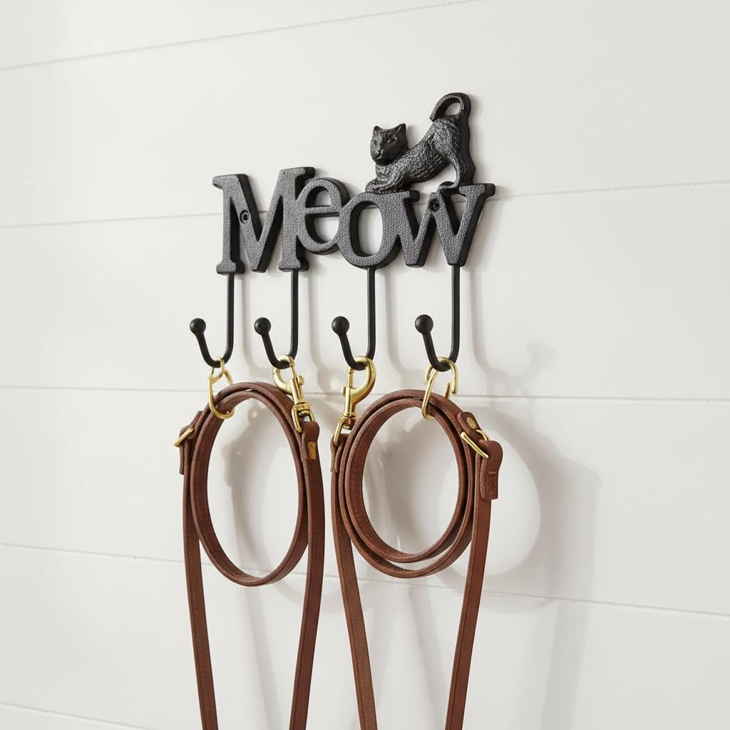 Comfy Hour 6" Cast Iron Cat Meow Four Key Hooks Key Chain Wall Hanger