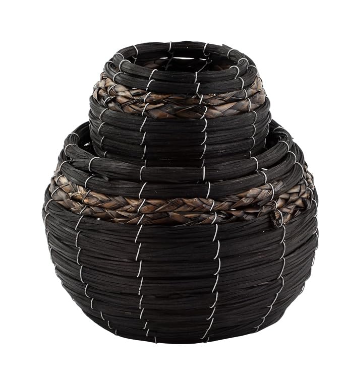 Napco Imports Set of 2 Wrapped Black Wood with Braided Accent Baskets with Liners, Small and Large, Round