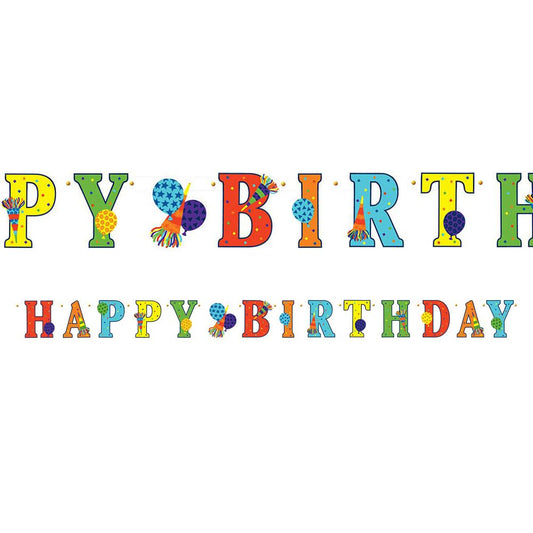 Birthday Horns Illustrated Letter Banner - 4.2" x 58.5" (Pack Of 1) - Multicolor Cardstock Decoration For Celebrations &amp; Events