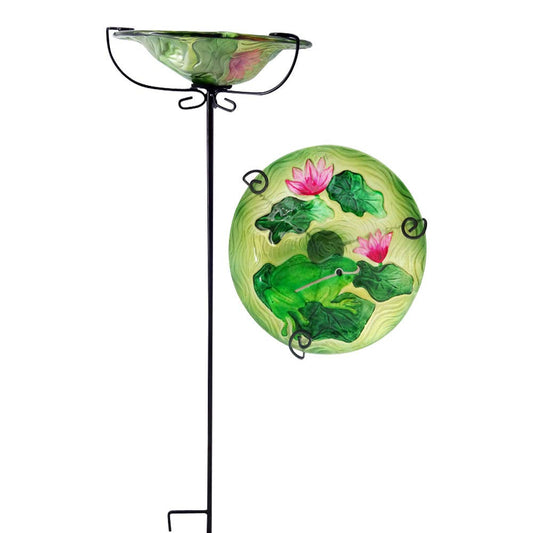 Comfy Hour Bird Meets Garden Bath Collection 28" Frog Lotus Glass Top Birdbath Birdfeeder Metal Art Garden Stake