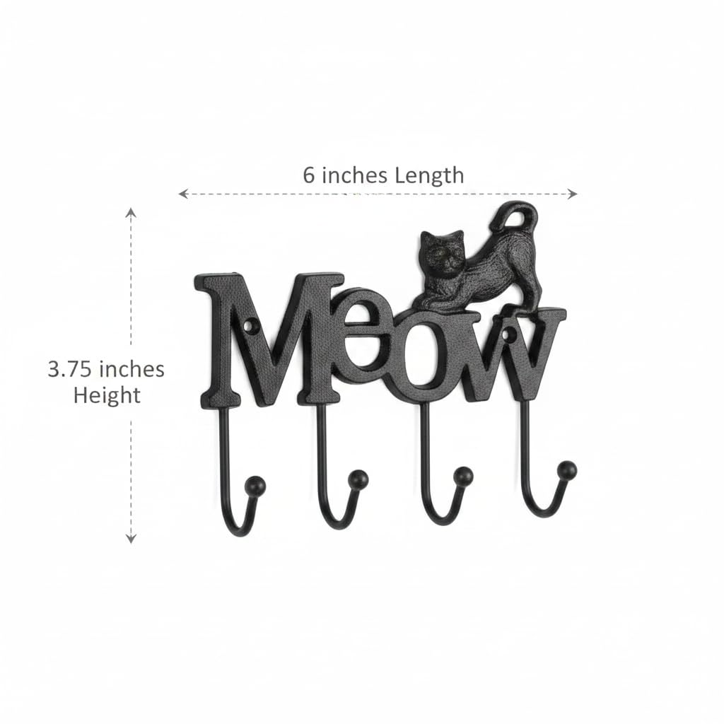 Comfy Hour 6" Cast Iron Cat Meow Four Key Hooks Key Chain Wall Hanger