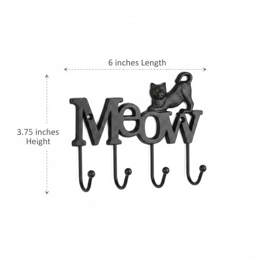 Comfy Hour 6" Cast Iron Cat Meow Four Key Hooks Key Chain Wall Hanger