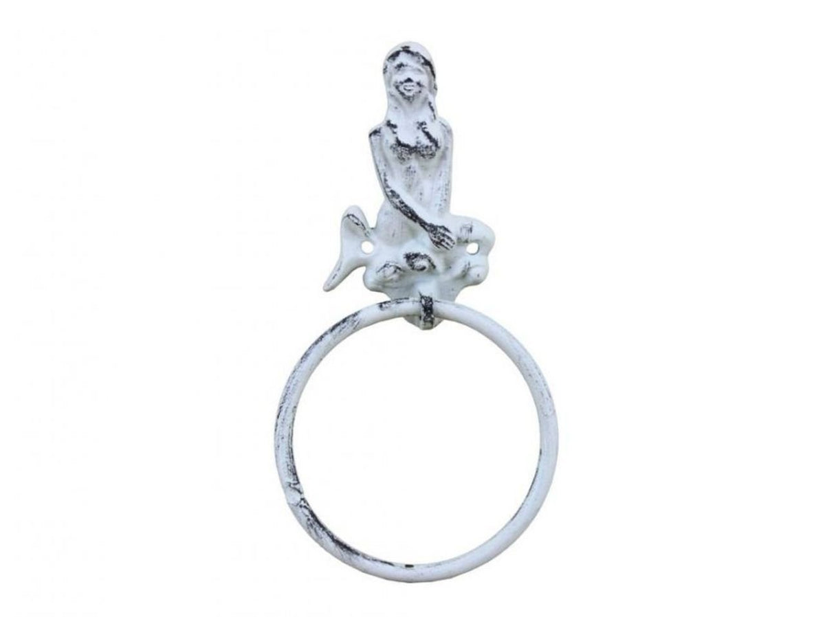 Hampton Iron Rustic Whitewashed Cast Iron Mermaid Towel Holder 8.5 Inch - Mermaid Decoration - Metal Wall Art