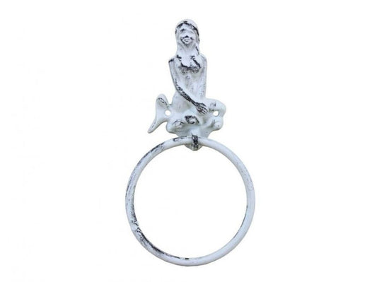 Hampton Iron Rustic Whitewashed Cast Iron Mermaid Towel Holder 8.5 Inch - Mermaid Decoration - Metal Wall Art