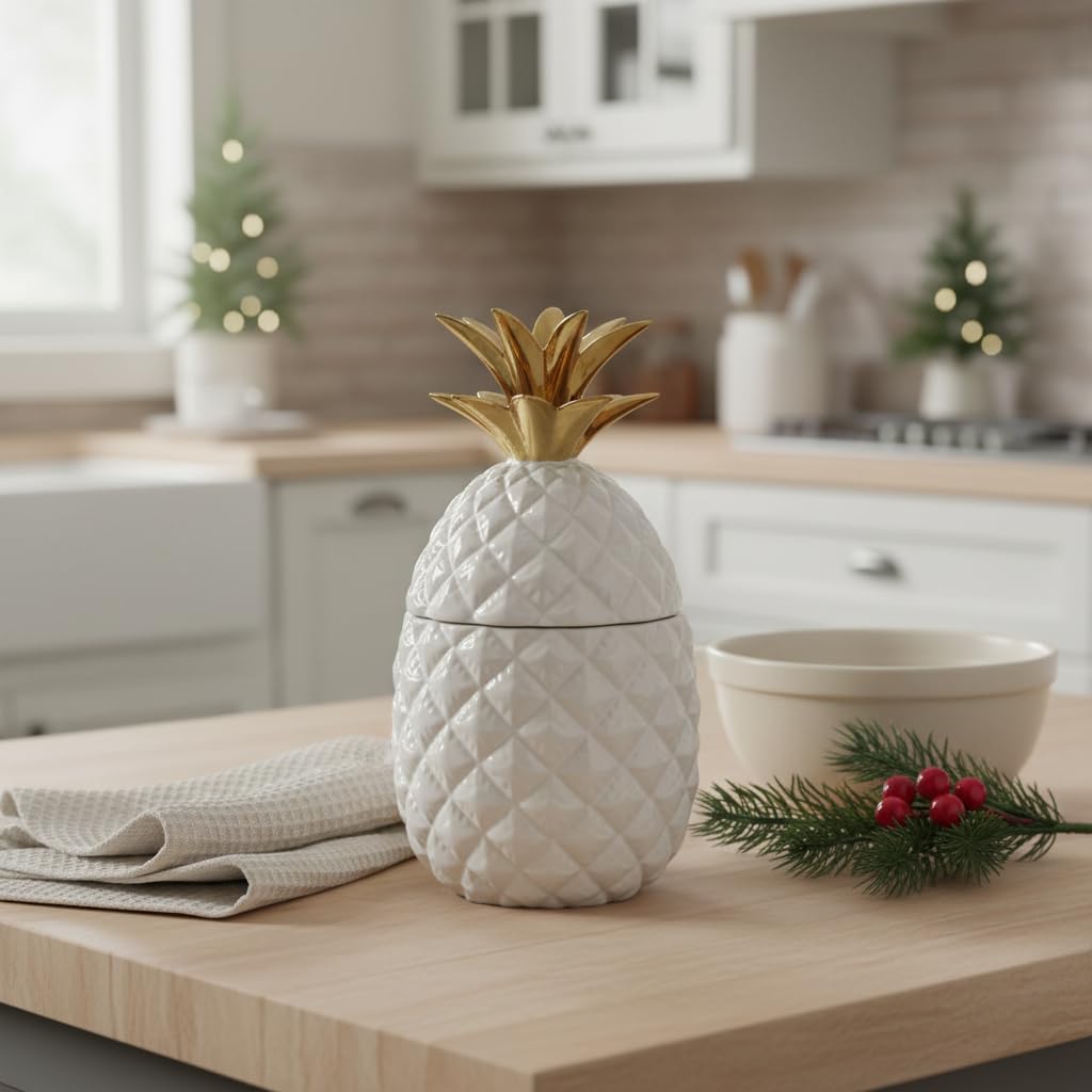 Comfy Hour Farmhouse Home Decor Collection 9" Pineapple Storage Jar Candy Jar Cookie Jar With Lid, High Gloss White and Gold Stoneware
