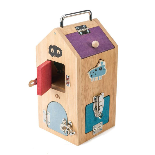 Tender Leaf Toys Wooden Monster Lock Box - 8 Different Doors with Various Lock Mechanisms Helps Develop Probelm Solving Skills - 3 +, Multicolor, 6.5" x 6.7" x 11.7"