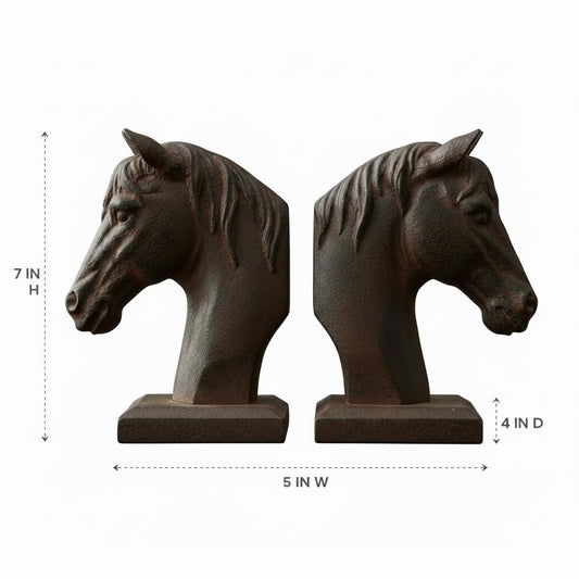 Comfy Hour Farmhouse Home Decor Collection 5" Length 7" Height Set 2 Horse Head Bookends Art Bookend, 1 Pair, Antique Style, Heavy Weight, Brown Rust Effect, Polyresin
