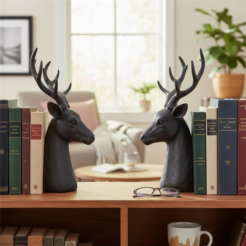 Comfy Hour Farmhouse Collection Resin Set Of 2, Deer Head Art Bookends, Solid Heavy Weight, Black
