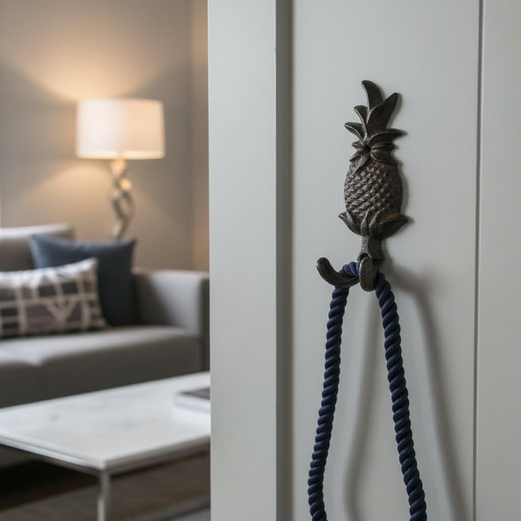 Comfy Hour Antique & Vintage Interior Decor Collection Cast Iron Pineapple Double Key Coat Hooks Clothes Rack Wall Hanger Heavy Duty Recycled Gift Idea