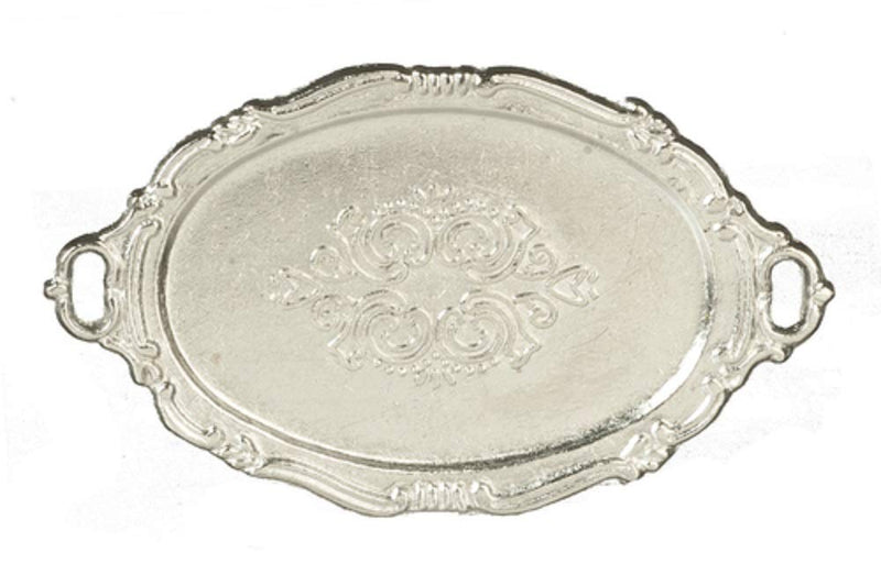 Dollhouse Oval Silver Serving Tea Tray Miniature Dining Room Accessory