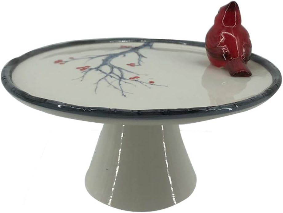 Comfy Hour Farmhouse Home Decor Collection Cake Plate Decorated with Red Cardinal and Decal Tree/Flower, Cake Stand, 7-Inch Diameter, Dolomite