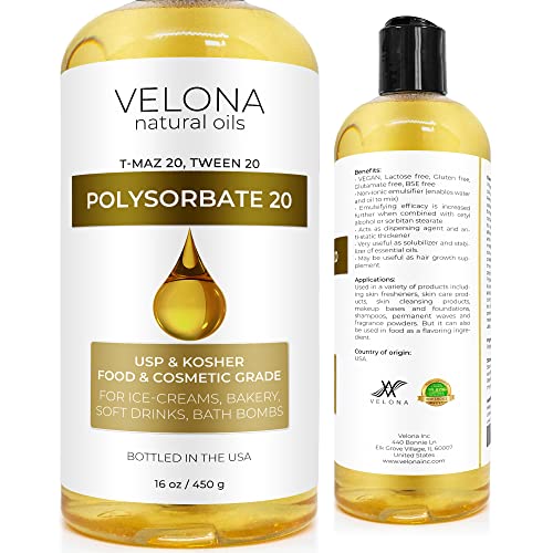 Polysorbate 20 by Velona - 16 oz | Solubilizer, Food & Cosmetic Grade | All Natural for Cooking, Skin Care and Bath Bombs